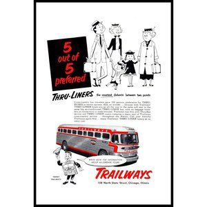 1953 Trailways Coach Bus Lines Vintage Print Ad Family Vacation Wall Art Photo